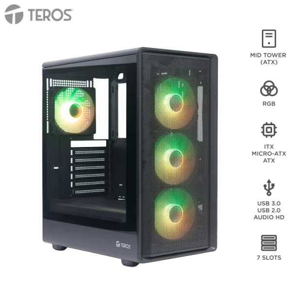 Case sin fuente gamer TEROS TE-1323G, ITX, M-ATX, ATX, 3.5 y 2.5 , negro