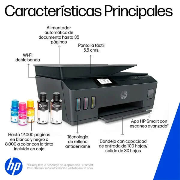 Impresora All-in-one de tinta HP Smart Tank 530, Imprime/Escanea/Copia/Wi-Fi/BT/USB 2.0