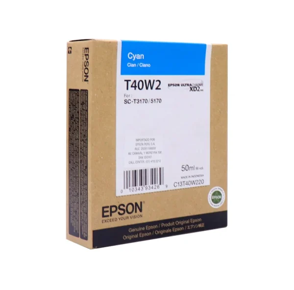stept40w220.webp Cartucho de tinta Epson T40W220, UltraChrome XD2, contenido 50ml, color cyan.