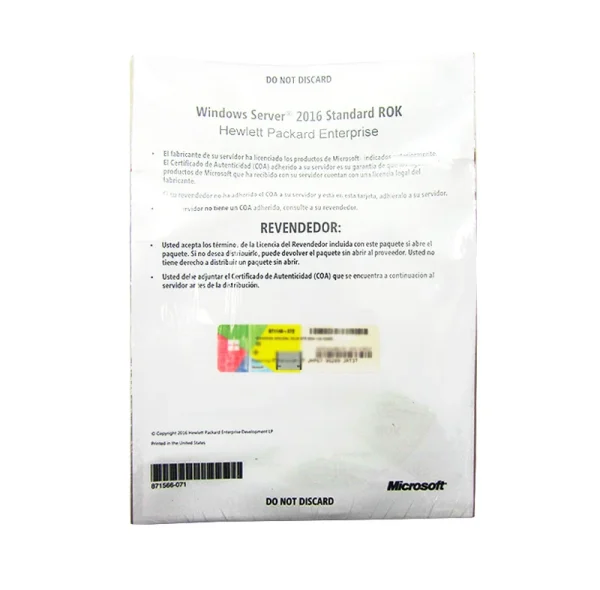 Licencia HPE Microsoft Windows Server 2016 Standar, OEM, ROK, 16 Núcleos.