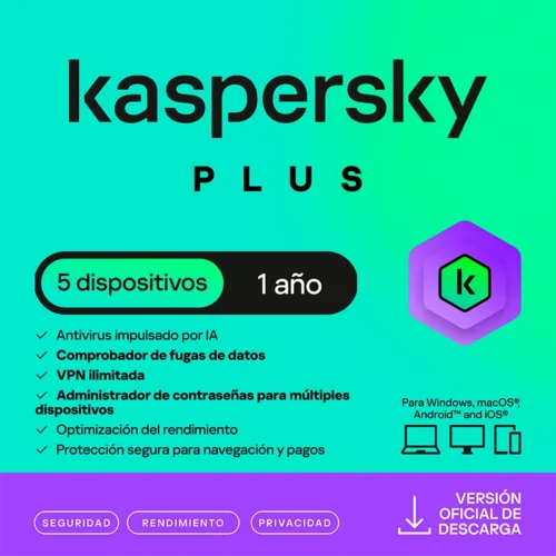 Antivirus Kaspersky Plus, para 5 PCs, Lic 1 año, Producto Virtual.