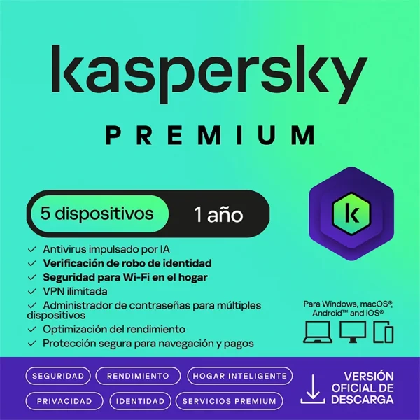 Antivirus Kaspersky Premium, para 5 PCs, Lic 1 año, Producto Virtual.