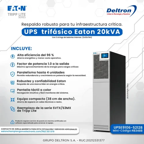 upse9106-52128.webp UPS Trifasico Eaton 20kVA, con 2 strings de baterias internas (2x32x7Ah)