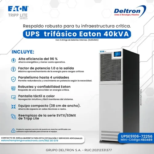 upse9106-72256.webp UPS Trifasico Eaton 40kVA, con 3 strings de baterias internas (3x32x9Ah)